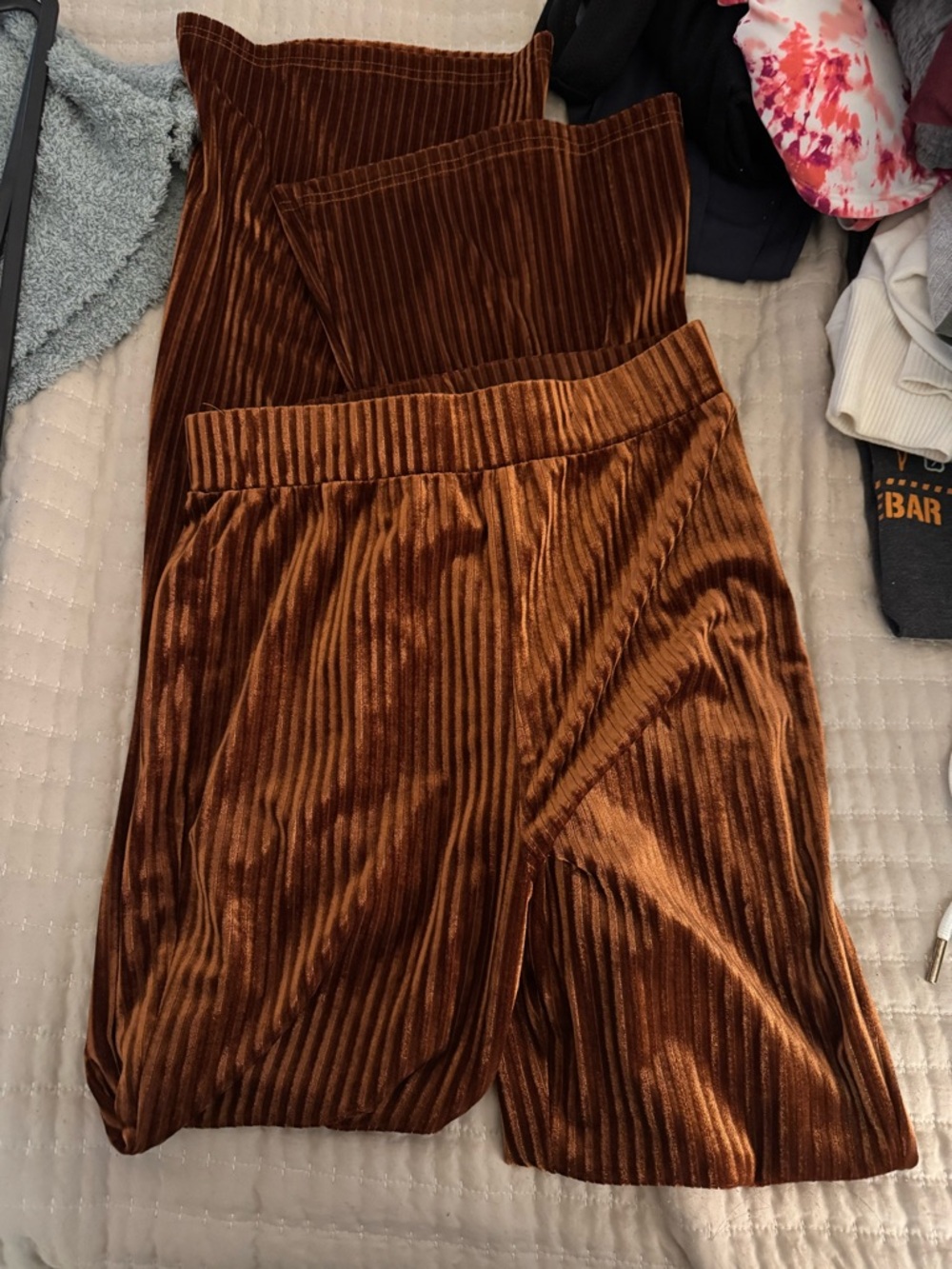 Velvet Ribbed Wide-Leg Pants - Copper Brown